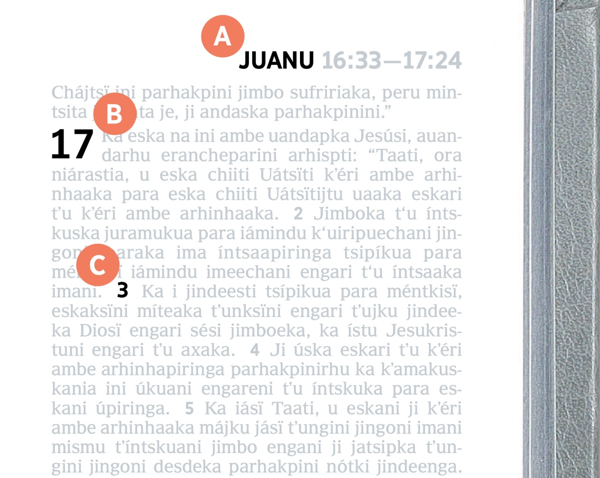 Labels indicating features A, B, and C on a page in the Bible.