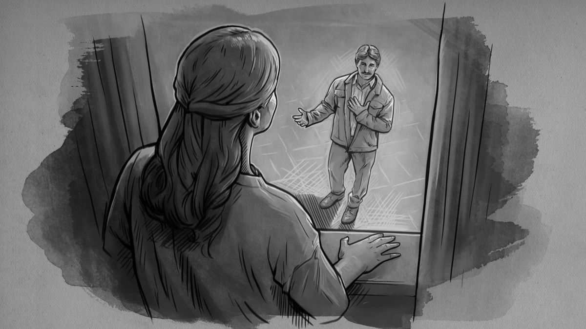 Виргилиюс хастаханәгә хатыны Лидия янына килде. Ул урамда, ә Лидия ачык тәрәзә янында аны тыңлап тора.