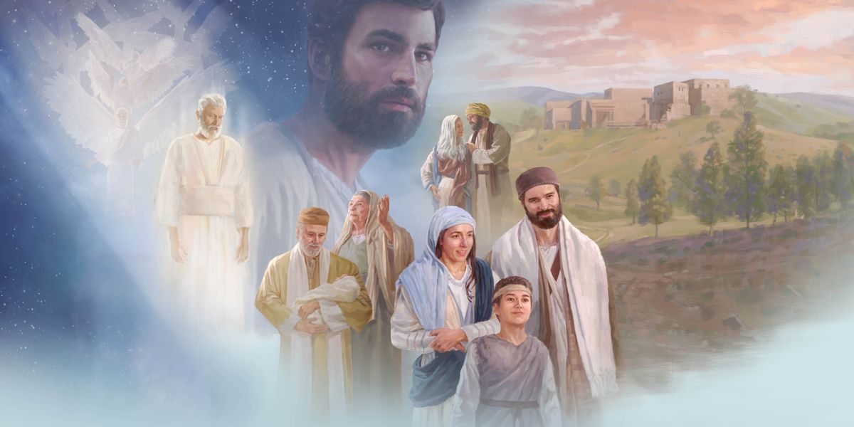 Vithuzi: Yesu. 1. Ŵangelo. 2. Mungelo wakupharazga za kubabika kwa Yesu. 3. Zekariya na Elizabeti. 4. Simiyoni wakolera Yesu ndipo ntchimi yanakazi Ana yikulumba Yehova. 5. Yosefe, Mariya, na Yesu. 6. Msumba wa Yerusalemu.