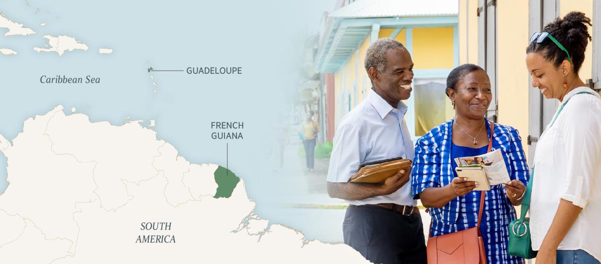 Vithuzi: 1. Mapu ghakulongora Nyanja ya Caribbean, Guadeloupe, na charu cha French Guiana icho chili ku South America. 2. Jack na Marie-Line ŵakupharazgira mwanakazi.
