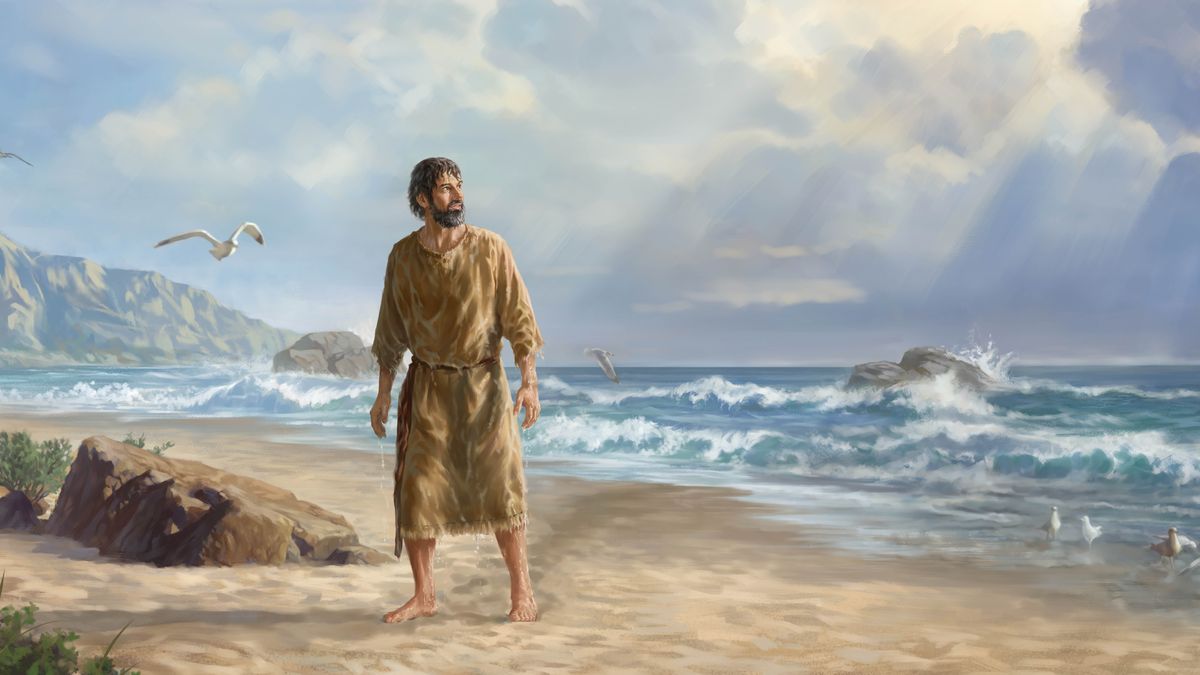 Ko te pelofeta ko Iona e tu i te tafatai, kae kilokilo atu ki te lagi. A ia e ‵siu pala‵ki.