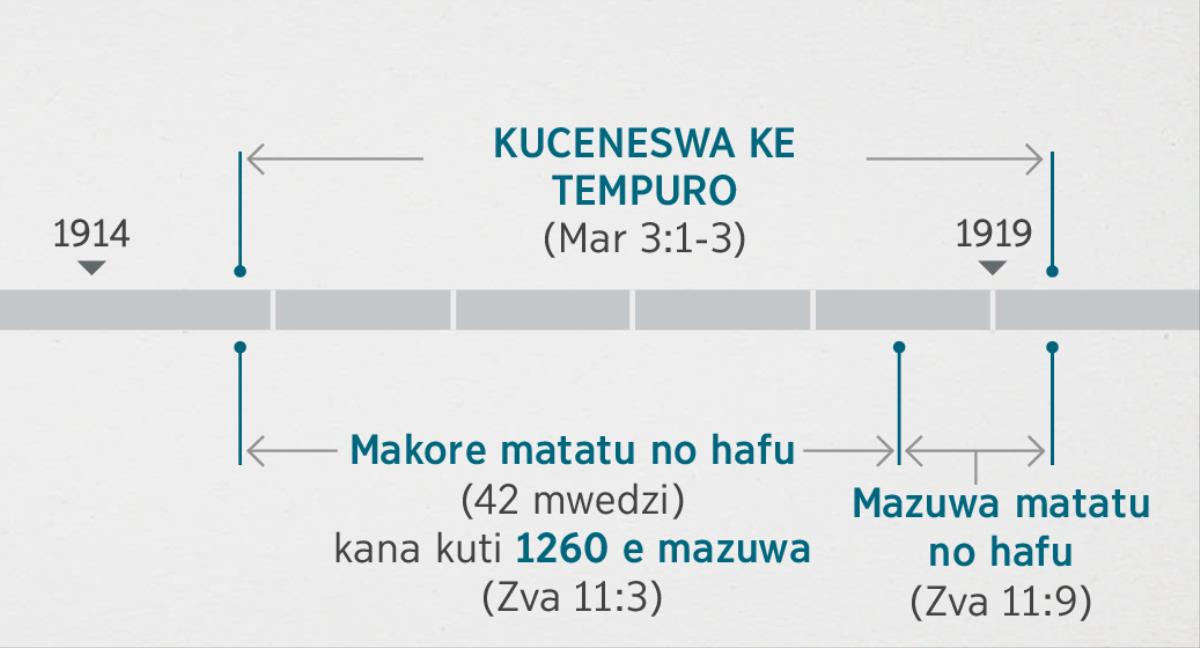 Zviitiko zviri pana Zvakapangidzwa 11:1, 2 zvinoenderana no zviri pana Marakiya 3:1-3, zvinoreketa nge zve kukwarakwatiswa no kuceneswa ke tempuro yo mweya. Mutsetse we nguwa yo uphorofiti uu unopangidza kuti: Kuceneswa ke tempuro kakatanga mu magumo e gore ra 1914 dakara pa maambo e gore ra 1919. Makore matatu no hafu, kana kuti mazuwa 1260 kubvira mu mapeto e gore ra 1914 dakara ku maambo e gore ra 1918, mazuwa matatu no hafu kubvira pa maambo e gore ra 1918 dakara pa maambo e gore ra 1919.