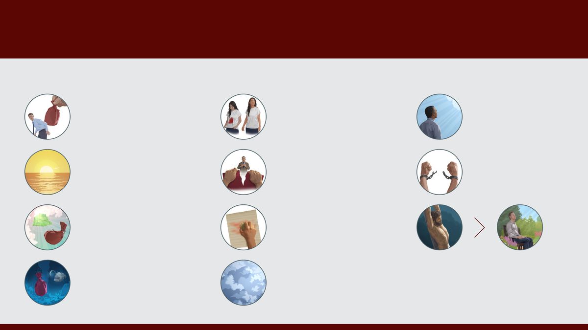 Picha za mifano iliyoonyeshwa mapema katika makala hii. Mkusanyo wa picha: Yeye huondoa dhambi. 1. “Umenisamehe”: Mkono unainua mzigo mzito kutoka kwenye mabega ya ndugu. 2. “Kama mashariki ilivyo mbali sana na magharibi”: Machweo. 3. “Umezitupa dhambi zangu zote nyuma ya mgongo wako”: Mzigo mzito unatupwa nyuma ya kiti cha ufalme cha Yehova. 4. “Utazitupa dhambi zao zote katika vilindi vya bahari”: Mzigo mzito unazama katika vilindi vya bahari. Mkusanyo wa picha: Yeye hufuta dhambi. 1. “Ingawa dhambi zenu ni kama rangi nyekundu, zitafanywa kuwa nyeupe kama theluji”: Dada amevaa shati jeupe lenye doa kubwa la rangi nyekundu. Baadaye, dada huyo amevaa shati lilelile lakini halina doa lolote. 2. “Utusamehe madeni yetu”: Mikono ikichana kipande cha karatasi huku ndugu akijieleza. 3. “Ili dhambi zenu zifutwe”: Mkono ukitumia sifongo (sponji) kufuta maandishi kwenye karatasi. 4. “Nitayafuta kabisa makosa yako kama kwa wingu”: Mawingu mazito. Mkusanyo wa picha: Yeye hurudisha uhusiano mzuri pamoja nasi. 1. “Sitaikumbuka tena dhambi yao”: Ndugu akiangalia juu mbinguni. 2. “Mliwekwa huru kutoka katika dhambi”: Mikono ikikata pingu. 3. “Kwa sababu ya majeraha yake tuliponywa”: Yesu akiwa kwenye mti wa mateso. Katika picha nyingine, ndugu akisali kwenye bustani akiwa na utulivu.