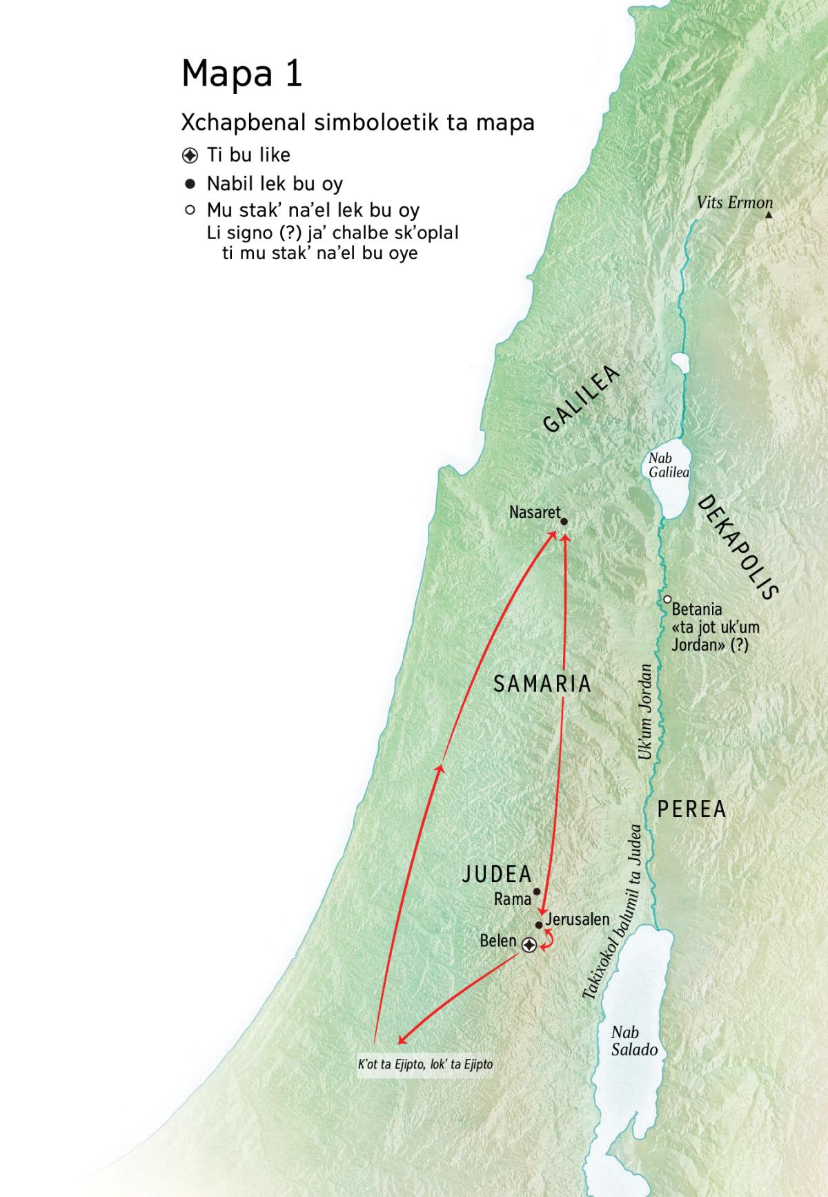 Mapa ti chakʼ ta ilel bu kuxi li Jesuse: Belen, Nasaret xchiʼuk Jerusalen