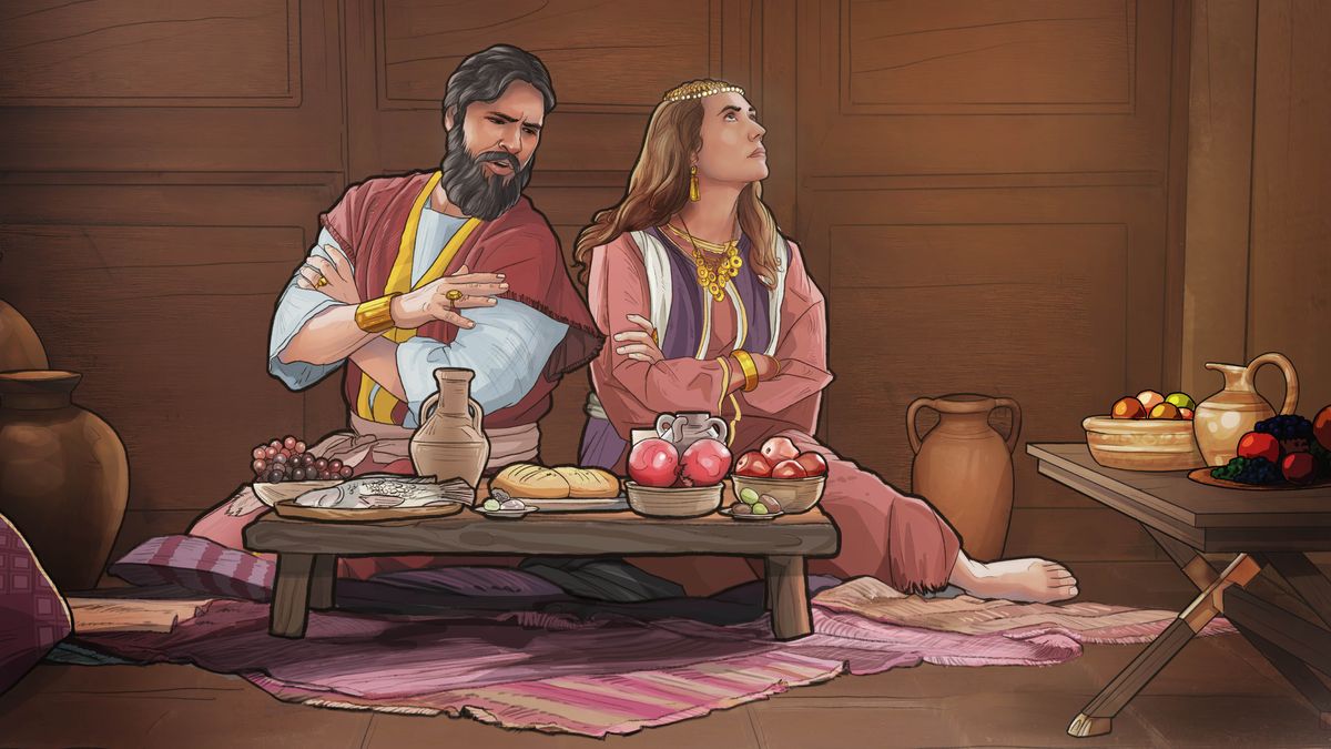 Қедимий замандики исраиллиқ бай, амма бәхитсиз әр-аял йемәкликләргә толған дәстиханниң алдида олтириду. Аяли ери сөзләватқан чағда бешини башқа тәрәпкә бурап, уни тәңситмәй, тиңшимайватиду.