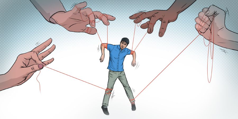 Un gióveno el ga soghe ligade nei brassi e gambe, come se ghen fusse altre persone drio controlarlo come un giugheto