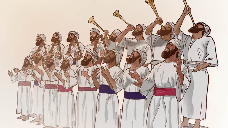 Un grupo de leviti i sona trombete e i canta lodi a Geovà.