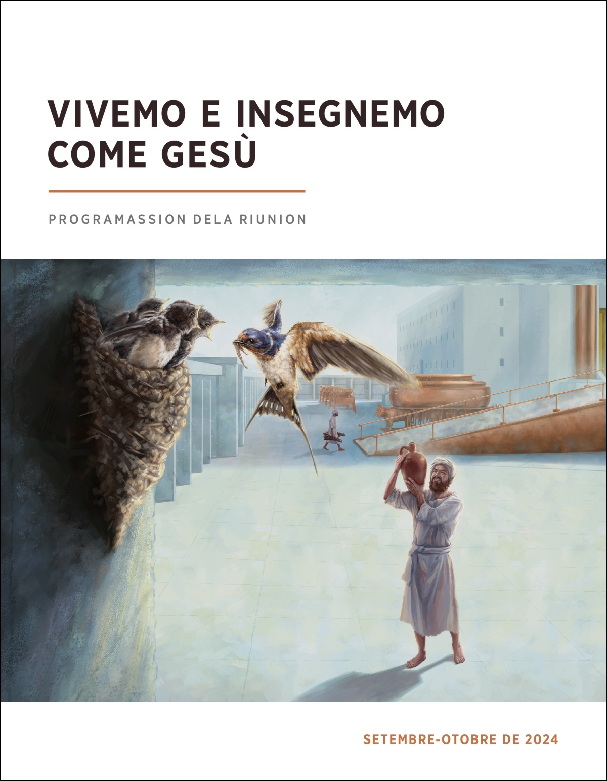 Un dei fioi de Corà el varda un gnaro de sesile nel cortivo del témpio.