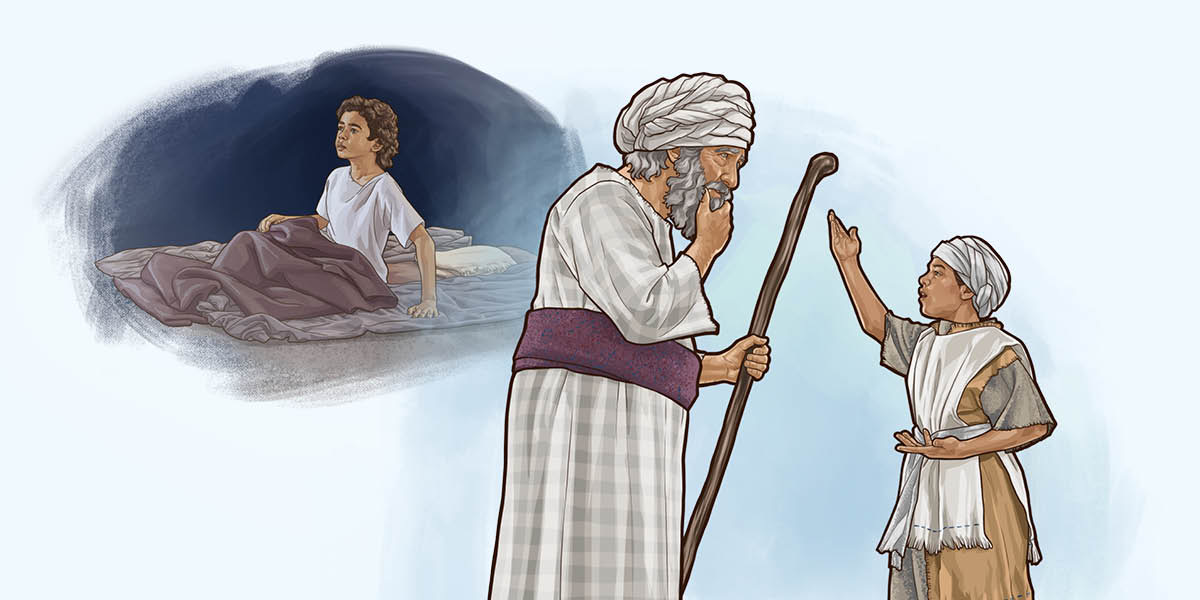 Serie de imágenes: 1. Samuel está escuchando a Jehová. 2. Samuel le cuenta a Elí lo que Jehová le ha dicho.