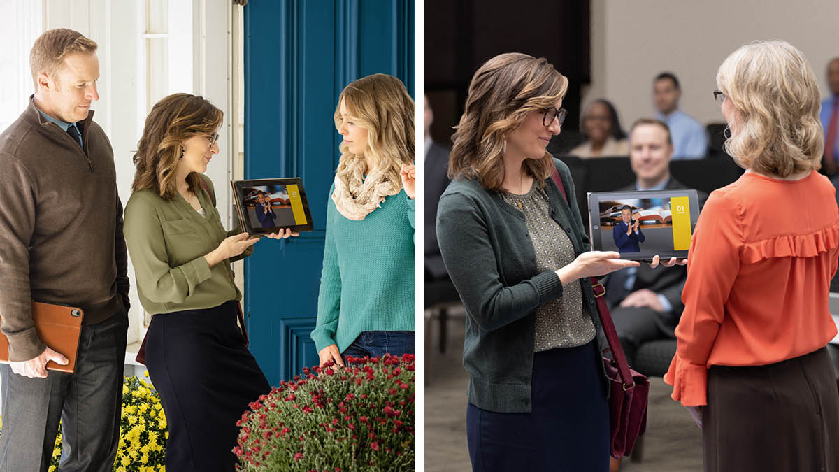 Serie de imágenes: 1. Una hermana y su esposo le predican a una mujer con el folleto “Disfrute de la vida”. 2. La misma hermana demuestra cómo usar el folleto “Disfrute de la vida” en la reunión de entre semana.