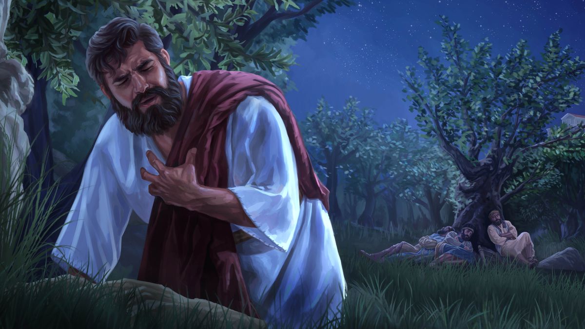 En el jardín de Getsemaní, Jesús le ora intensamente a Jehová de rodillas mientras Pedro, Santiago y Juan duermen.