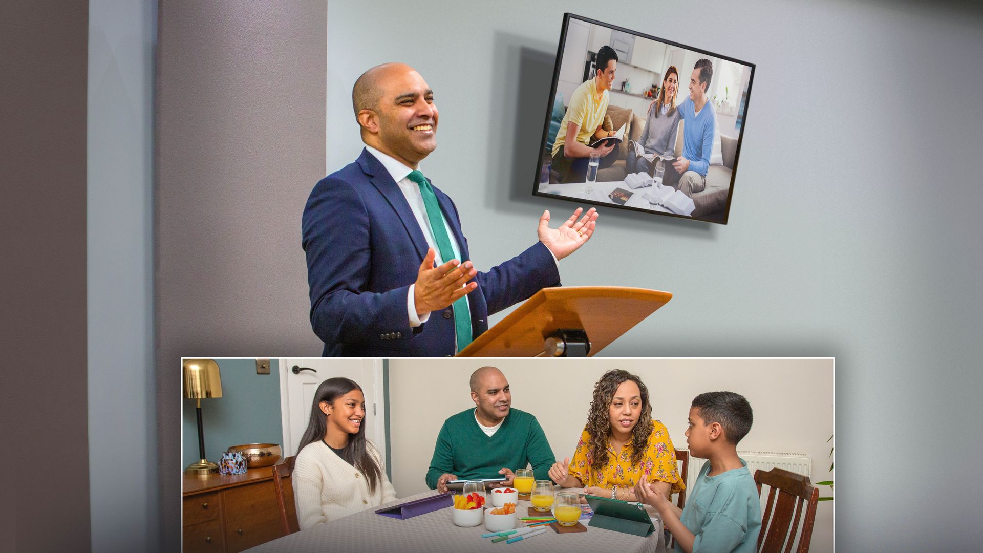 Serie de imágenes: 1. Un hermano presenta una parte de la reunión desde la plataforma. Detrás de él se ve una pantalla con la imagen de una familia disfrutando de la adoración en familia. 2. El mismo hermano disfruta con su familia de la adoración en familia.