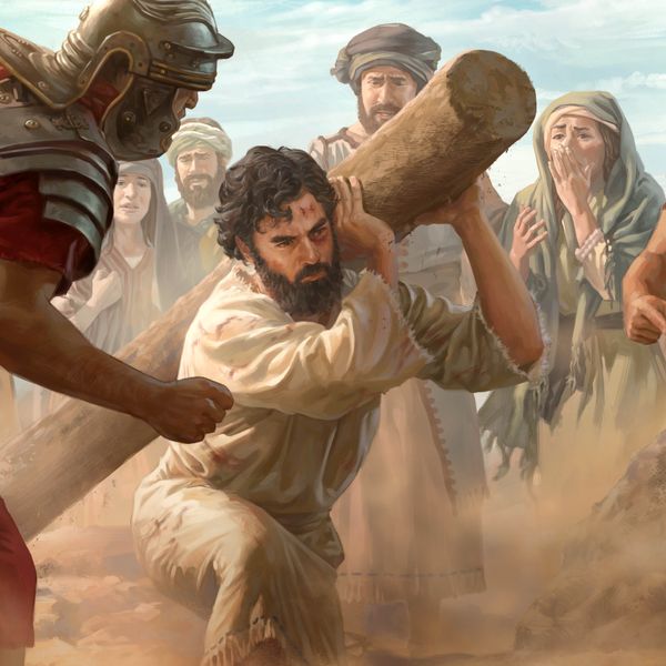 Con dificultad, Jesús lleva a cuestas su madero de tormento mientras los soldados romanos le gritan. Unos judíos lo miran angustiados.