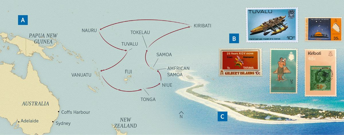 Un mapa de los viajes de los Payne en la obra de circuito; sellos postales de algunas islas; la isla de Funafuti, que pertenece a Tuvalu