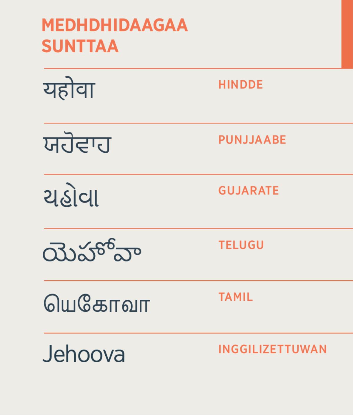 Medhdhidaagaa sunttaa, Hindde doonan xaafiyo wode, Punjjaabe, Gujarate, Telugu, Tamil, qassi Inggilizettuwan Jehoova.
