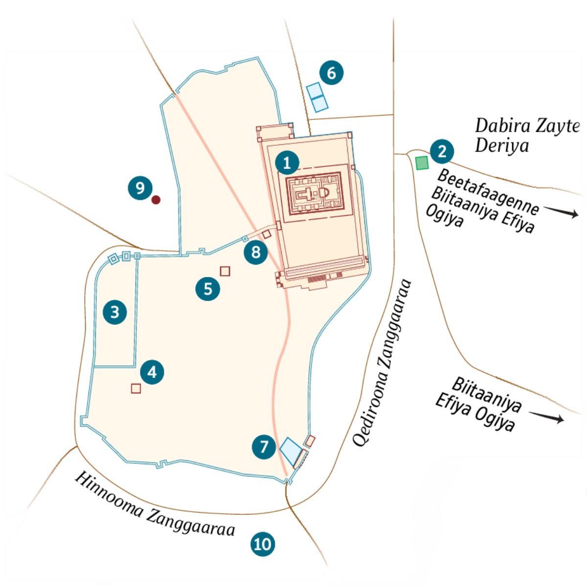 Yerusalaamenne A yuushuwa karttaa. Erettiyanne manggetto sohota. 1. Xoossaa garuwa. 2. Geetesemaane gadiya. 3. Haariyagaa garuwa. 4. Qayaafa keettaa. 5. Heeroodis Anttiphaasa garuwa. 6. Beetezaata dalbbanttaa. 7. Saliihooma dalbbanttaa. 8. Sanhedirina Addaraashaa. 9. Golggottaa. 10. Akelddaama.