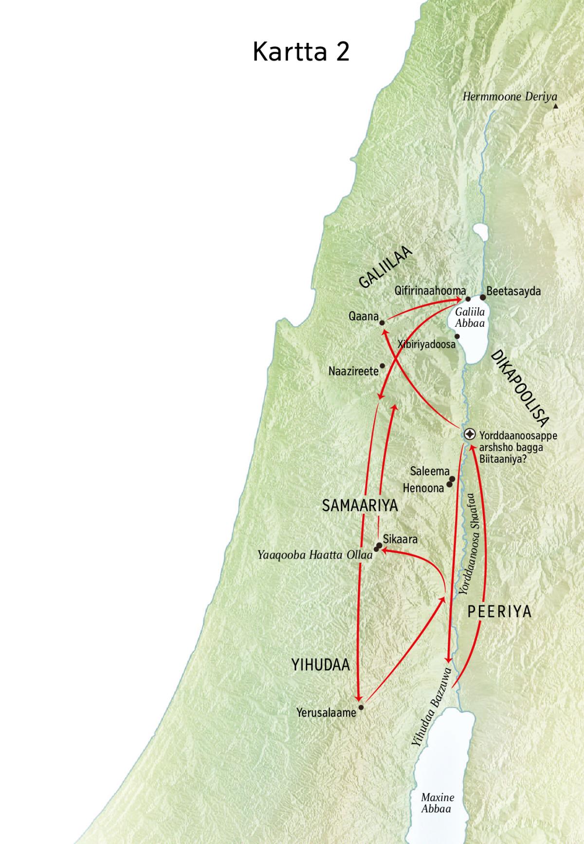 Yesuusa deꞌuwara gayttida Yorddaanoosa Shaafaa, Yihudaanne hara sohota bessiya karttaa