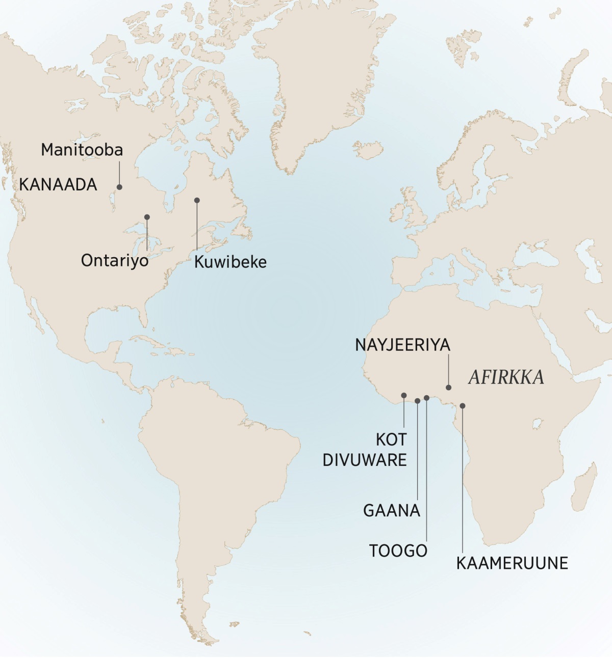 Andre deꞌidonne haggaazido sohotuppe amaridaagaa bessiya karttaa: Kanaadan Manitooba, Ontariyonne Kuwibeke; Afirkkan Kaameruune, Kot Divuware, Gaana, Nayjeeriyanne Toogo.