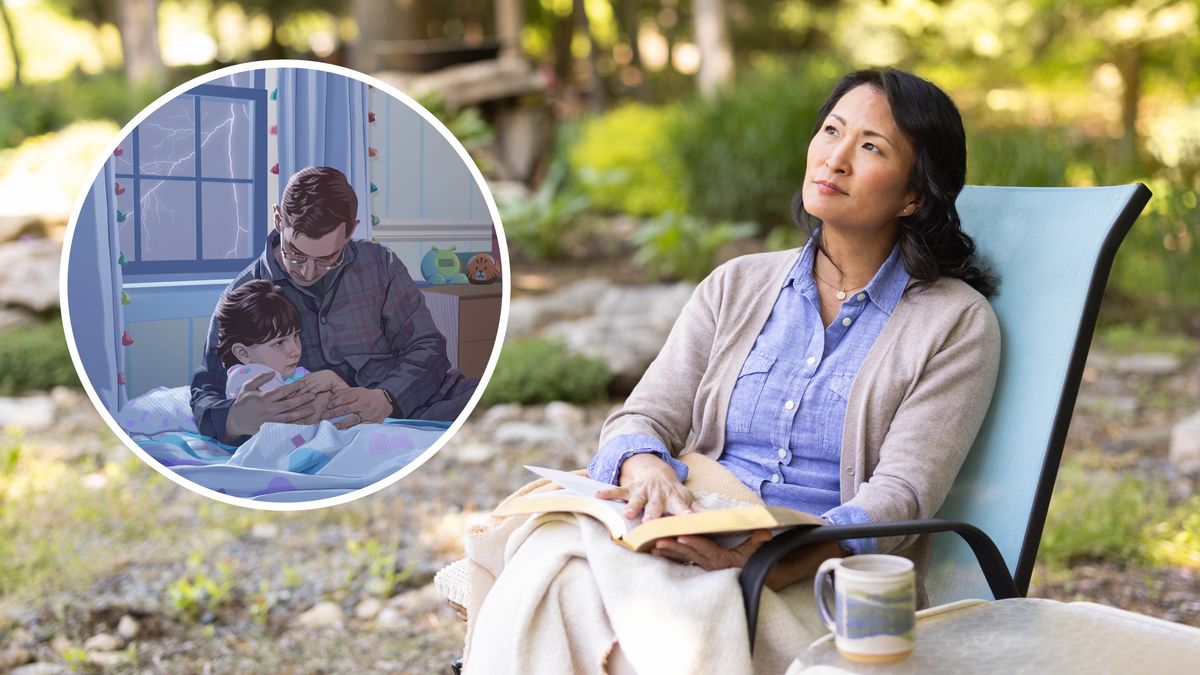 Sister nga namamalandong samtang nagbabasa han Biblia. Ha gutiay nga piktyur makikita an usa nga tatay nga ginliliaw an iya bata pa nga anak nga babaye ha panahon han bagyo ha gab-i.