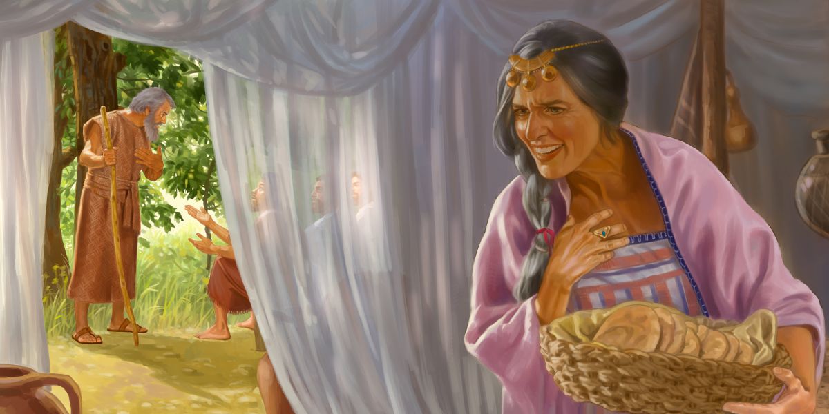 Sarah dey listen from inside the tent as the three angel dey talk to Abraham