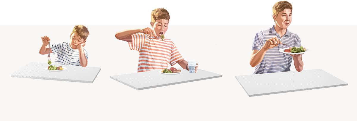 Picture: One boy take some time to learn to like one kind of food. 1. The boy de play with food. 2. After some time, e start to chop the food. 3. As the boy don grow small, e de enjoy to chop the food now.