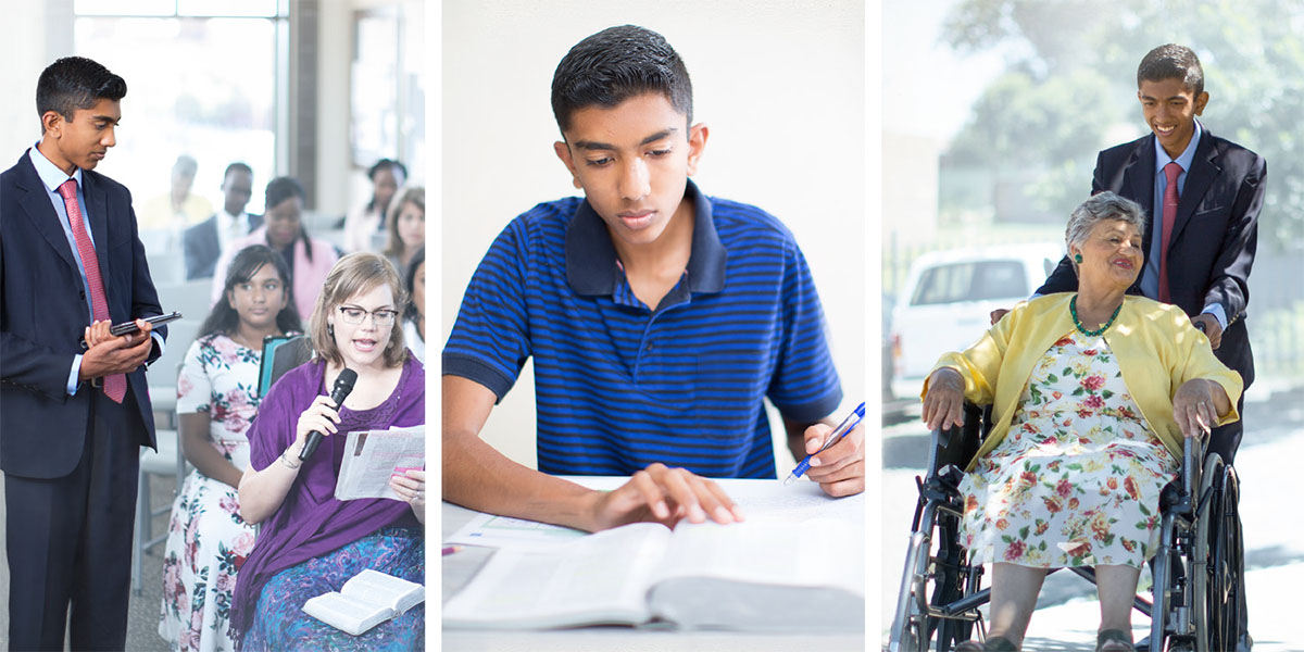 Young brother wey e de rove microphone for meeting, e de do personal study, and de help one old sister wey e sitdown for wheelchair