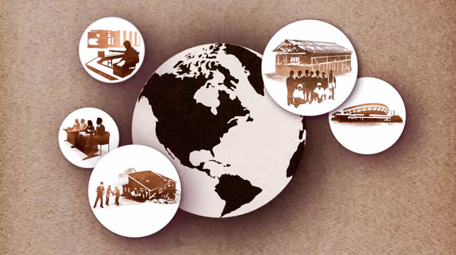 Picture from the video ‘Give Jehovah Wetin You Get.’ Photo Collection: We de use our contributon de support the worldwide work. 1. Bethel work. 2. Theocratic schools. 3. Disaster relief. 4. Theocratic construction. 5. Conventions.