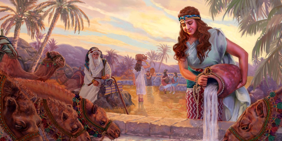 Rebekah de pour water from e big water pot inside the place wey the camels fit drink water from. The servant of Abraham dey one side de look Rebekah.
