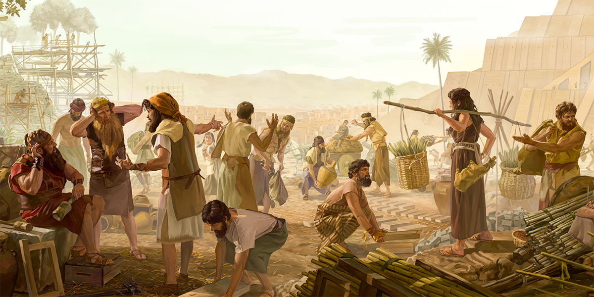 People wey de build tower of Babel no understand each other after Jehovah confuse their language.