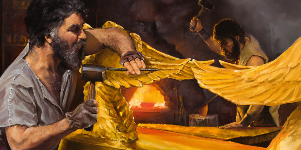 Bezalel and Oholiab de use gold make things for tabernacle. One man de use hammer put design for the wing of cherub, and the other man de use hammer make flat gold.