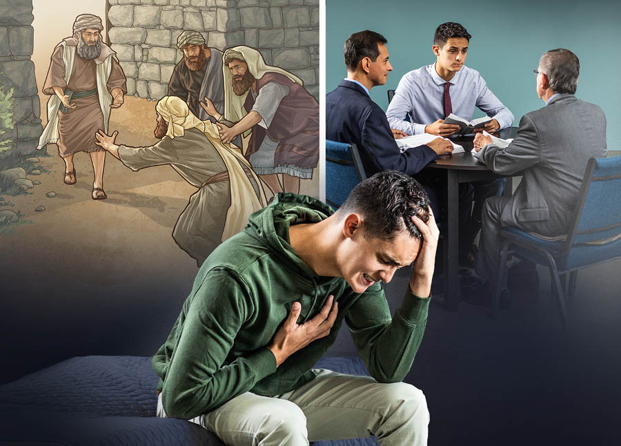 Young man wey de cry, e put hand for head and chest. Photo collection: E de pray to Jehovah for forgiveness. 1. One man wey kill person by mistake de beg elders for city gate make they protect-am. 2. The young man don repent, and e go meet elders make they help-am.