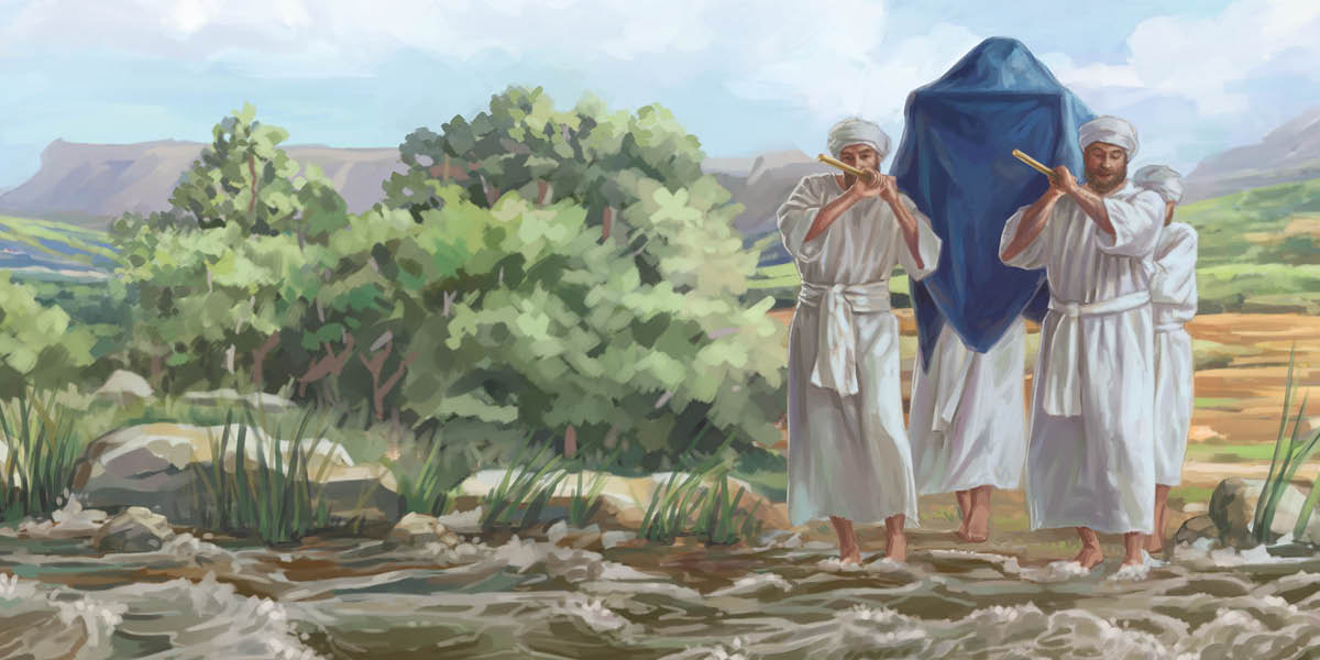 This Priests carry the ark of the covenant enter River Jordan wey de flow fast.