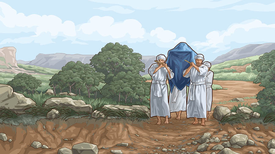 This Priests carry the ark of the covenant enter River Jordan wey de flow fast.