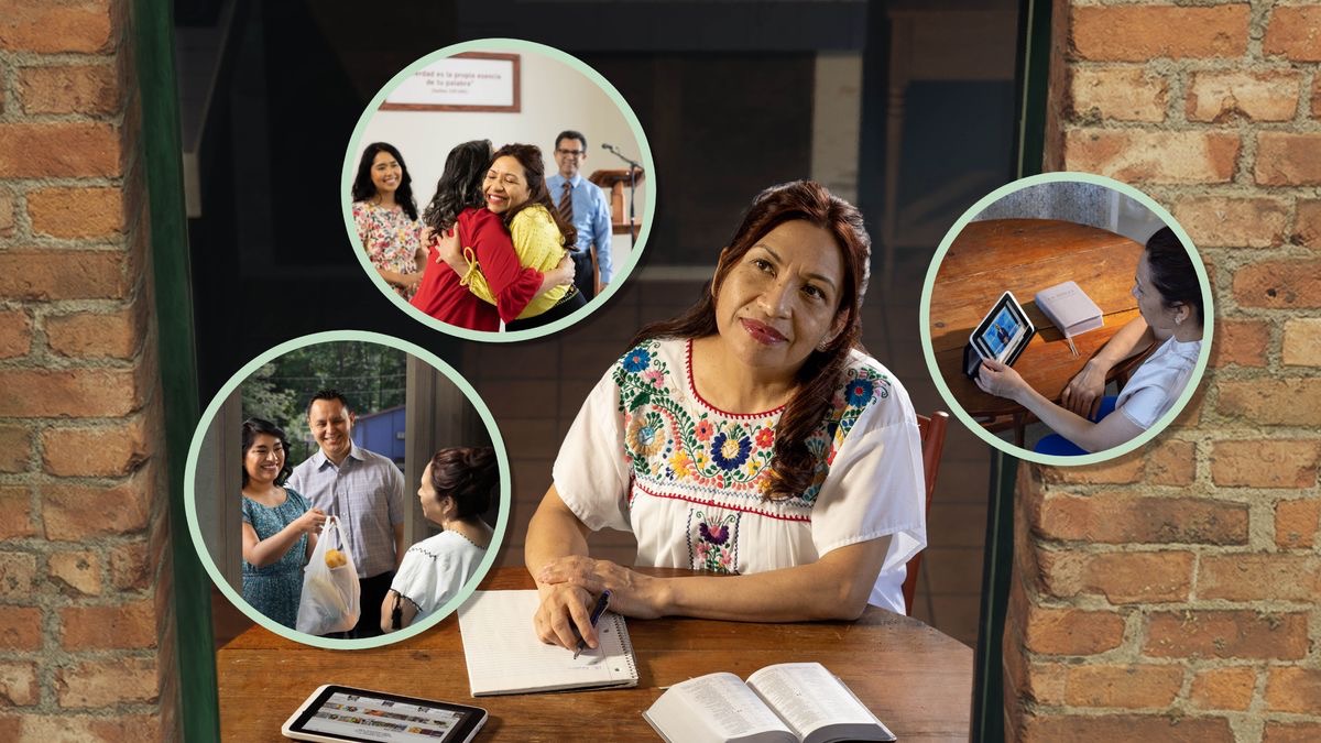 One sister de think, and de write the different blessings wey Jehovah don give-am. The small-small picture de show one husband and wife wey bring things for-am, another sister hug-am for Kingdom Hall, and e de watch JW Broadcasting.