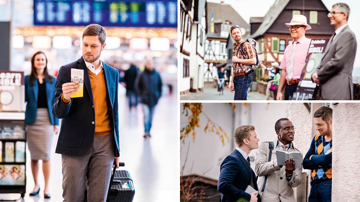 One man take publication from public witnessing stand for airport as e de travel for vacation; after, when e dey vacation, e see other Jehovah Witness stand for open place de do their preaching work; publishers visit the man after e go house back