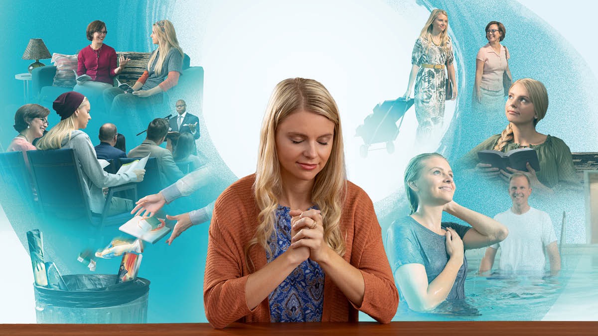 Picture: Things wey one woman do make e fit baptize. 1. The woman de study Bible. 2. E dey meeting and e wear cloth wey e de wear for house go the meeting. 3. E de troway things like cigar, idol for worship, and pictures about wicked spirits, for dust bin. 4. E de make promise to Jehovah for prayer to use all e life serve-am. 5. E dey for field service. 6. E de think deep as e de read Bible. 7. E just baptize finish..