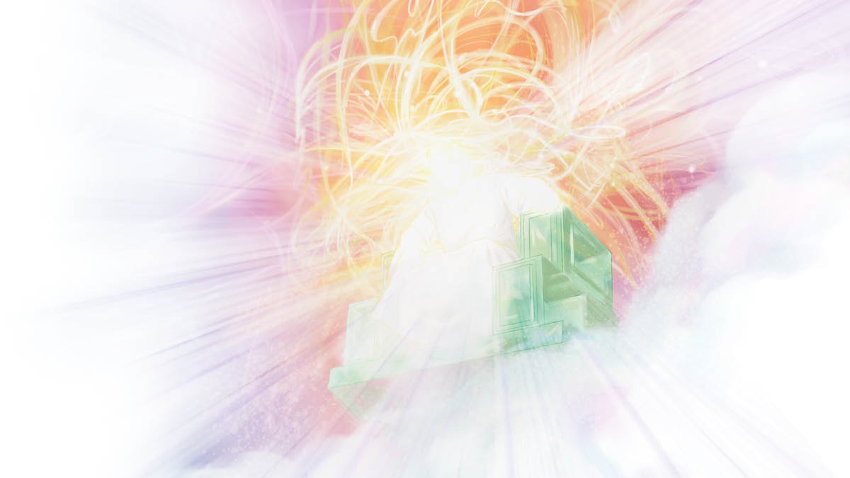 This picture de show Jehovah as e sitdown ontop e beautiful throne. Light de shine around the throne.