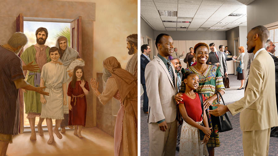 Picture: 1. Joseph, Mary, and their children enter synagogue. Other Israel people greet them. 2. Papa and mama and their daughter come meeting for Kingdom Hall. One brother de greet them.