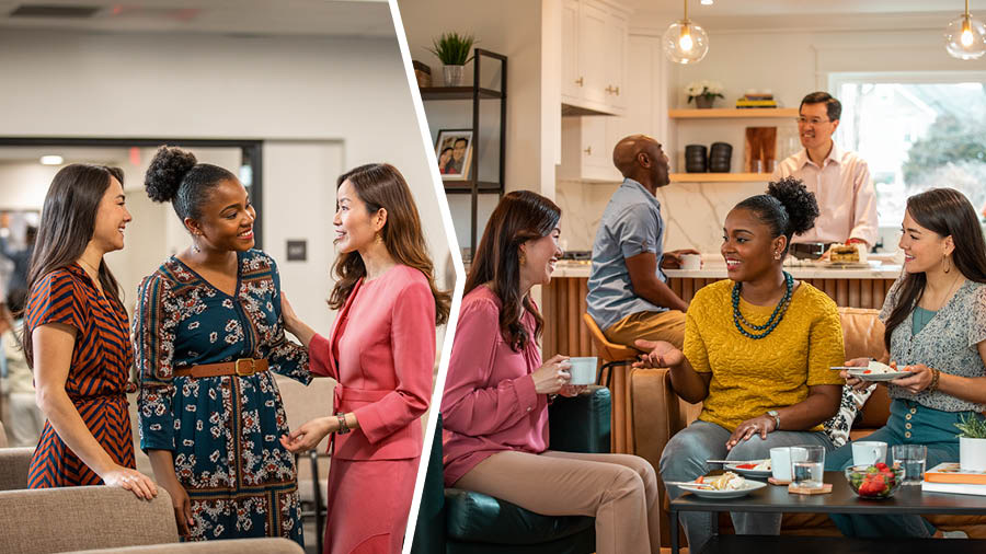 Picture: 1. The sister de show e Bible student to another sister for Kingdom Hall. 2. The sister, e student, and the husband of the student de spend time together for the house of the sister wey the student meet for Kingdom Hall.