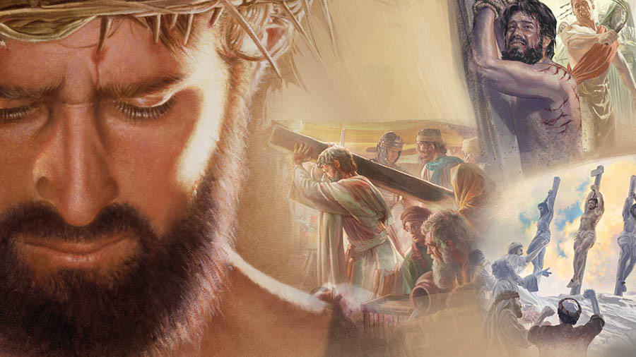 Jesus wear chuku-chuku crown. Picture: 1. Them de whip Jesus as they tie e hand for wood. 2. People de look Jesus as e de carry the pole. 3. They hang Jesus ontop pole for the middle of two thief and people around there de insult Jesus.