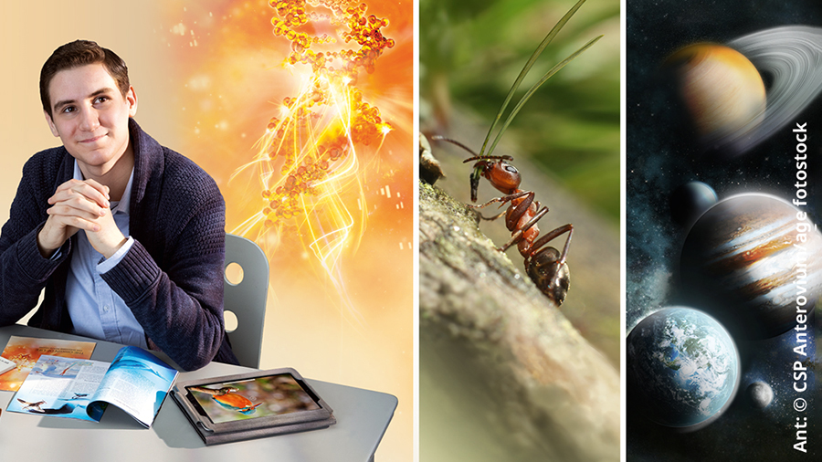 One young man de use the book “Is There a Creator Who Cares About You?,” the brochures “Was Life Created?” and “The Origin of Life—Five Questions Worth Asking,” and e phone to study things wey God make. Picture: 1. DNA. 2. Ant. 3. Some planets for our universe.