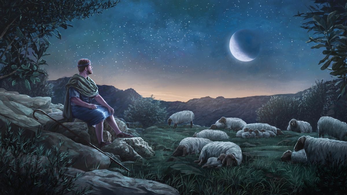 David de look heaven for evening as e de care for sheep.