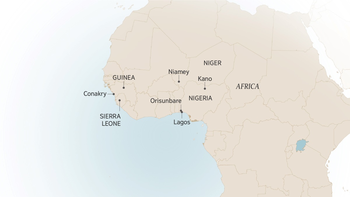Map of West Africa, e show some of the place wey Brother Itajobi stay and serve: Conakry, Guinea; Sierra Leone; Niamey, Niger; Kano, Orisunbare, and Lagos, Nigeria.