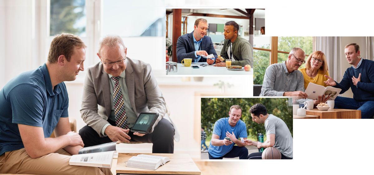 Um irmão usando o livro “Seja Feliz para Sempre!” para estudar a Bíblia com um homem. Conjunto de imagens: O homem fala com outros sobre o que está aprendendo: 1. com um colega de trabalho; 2. com sua família; 3. com um amigo.
