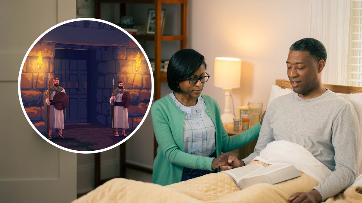 Uma irmã segurando a mão de seu marido, que está acamado, enquanto ele faz uma oração. Numa mesinha ao lado estão vários medicamentos. Em destaque aparecem dois guardas a postos no portão de uma cidade.