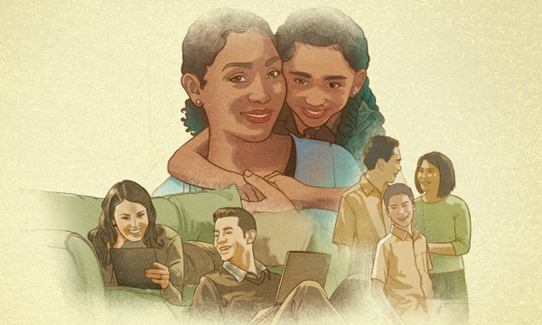 Gambaran keluarga bahagia: Ibu dan putrinya, sepasang suami istri, orang tua dengan putra mereka