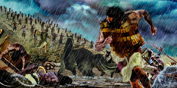 Barak and his men charge down Mount Tabor and chase after Sisera’s army