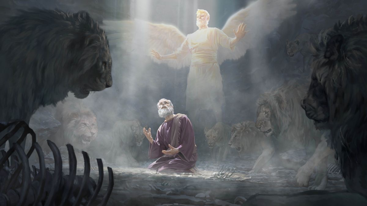 The prophet Daniel looking up to heaven while being surrounded by lions in a pit. An angel hovering above is protecting him.