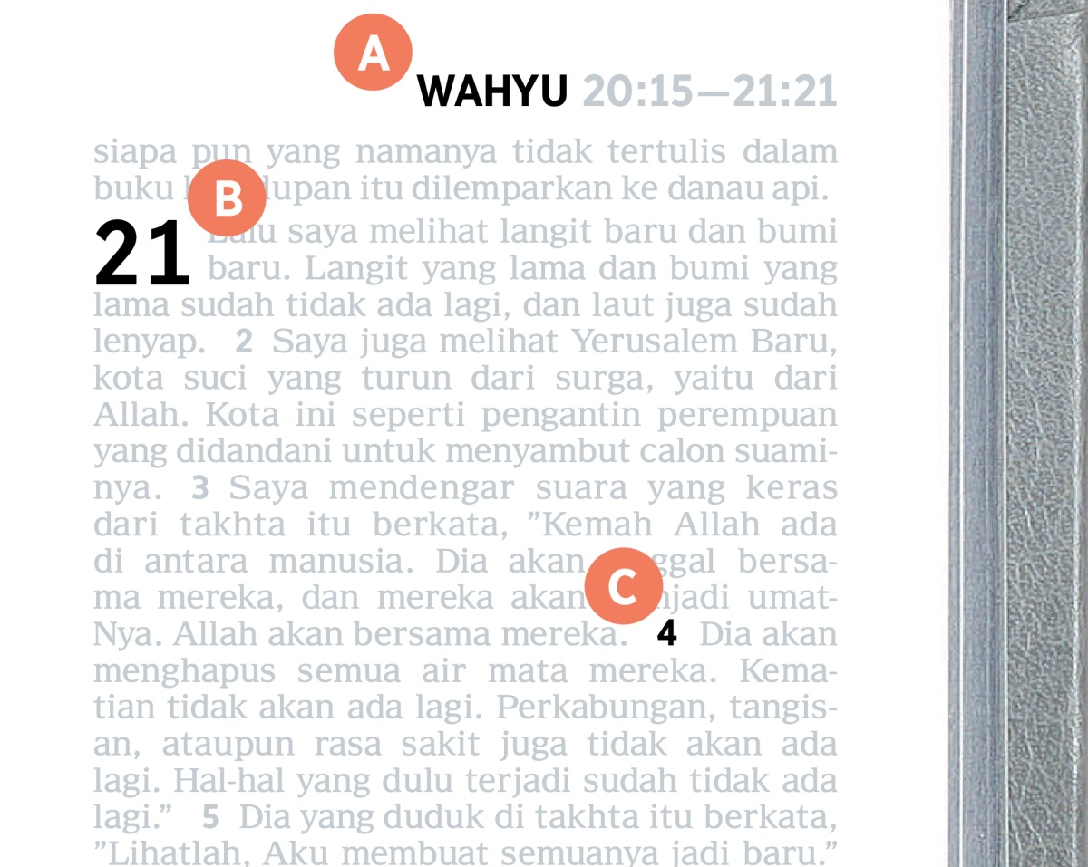 Label menandakan bahagian A, B, dan C pada halaman Bible.