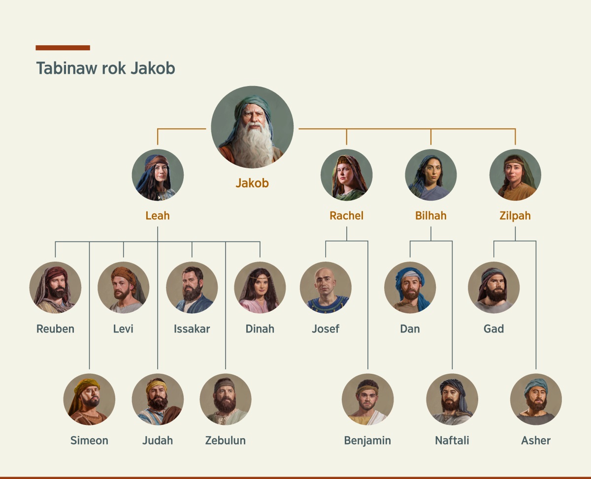Ba chart ni be dag yaan e tabinaw rok Jakob. L’agruw e ppin ni leengin ni aram Leah nge Rachel, nge yugu l’agruw e ppin rok ni aram Bilhah nge Zilpah. Pi fakrow Leah e aram Reuben, nge Simeon, nge Levi, nge Judah, nge Issakar, nge Zebulun, nge Dinah. Ma Josef nge Benjamin e fakrow Rachel. Ma Dan nge Naftali e fakrow Bilhah. Ma Gad nge Asher e fakrow Zilpah.